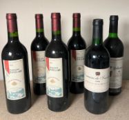 Four bottles of Domaine Fonclare, a bottle of Palkonga 1990 and a Domaine De Sauvigny 1994