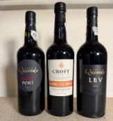 Three bottles of port, a Croft 10 year old, A Porto Quevedo L.B.V and a Porto Quevedo Ruby Port
