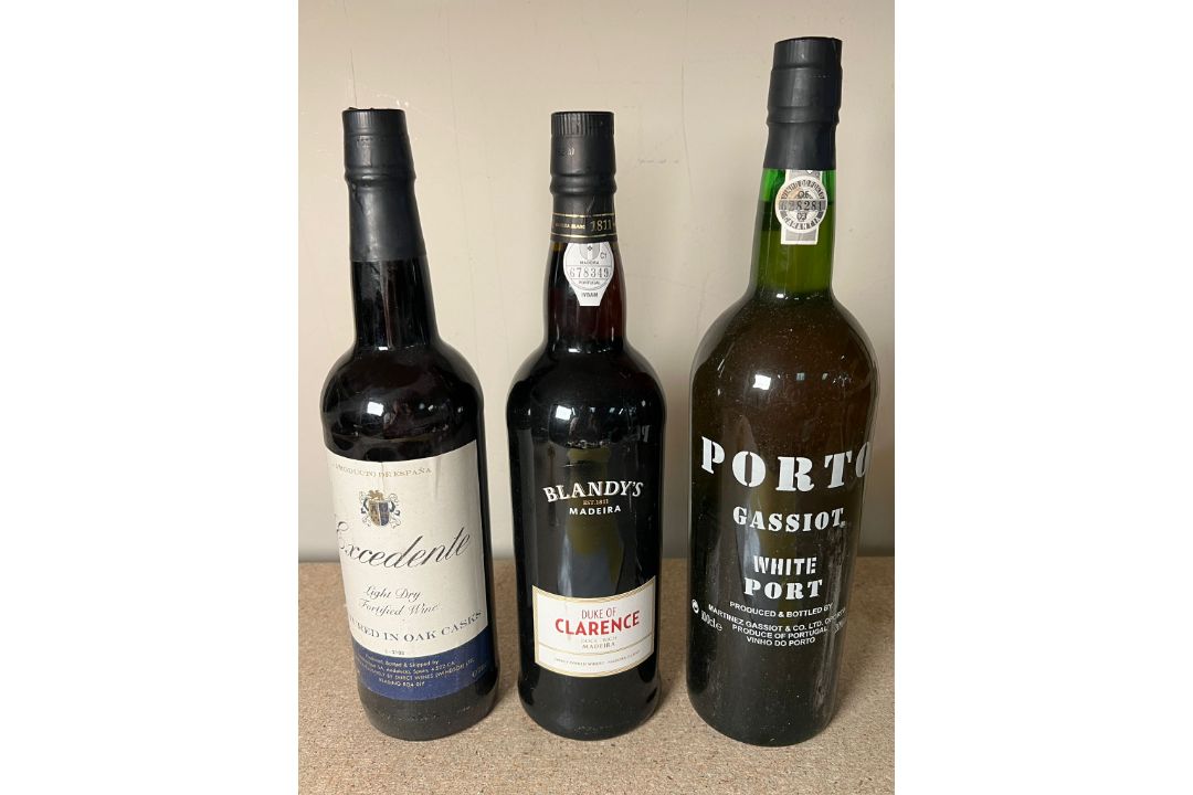 A Porto Gassiot white port, a Blandys Medeira and an Excedente Fortefield wine