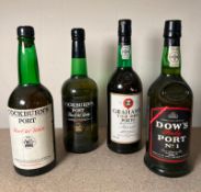 Four bottles of port to include a Cockburns Time Old White and a Dows Ruby No1