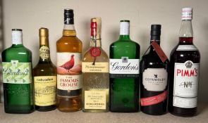 Seven bottles of spirits to include Gordons, gin, Pimm's etc