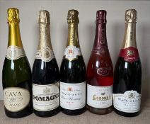 Five bottles of sparkling wine to include a bottle of champagne Rene Florancy and a Cordoniu Rose