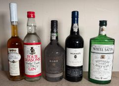 A selection of spirits and port to include White Satin Gin and a Warres port