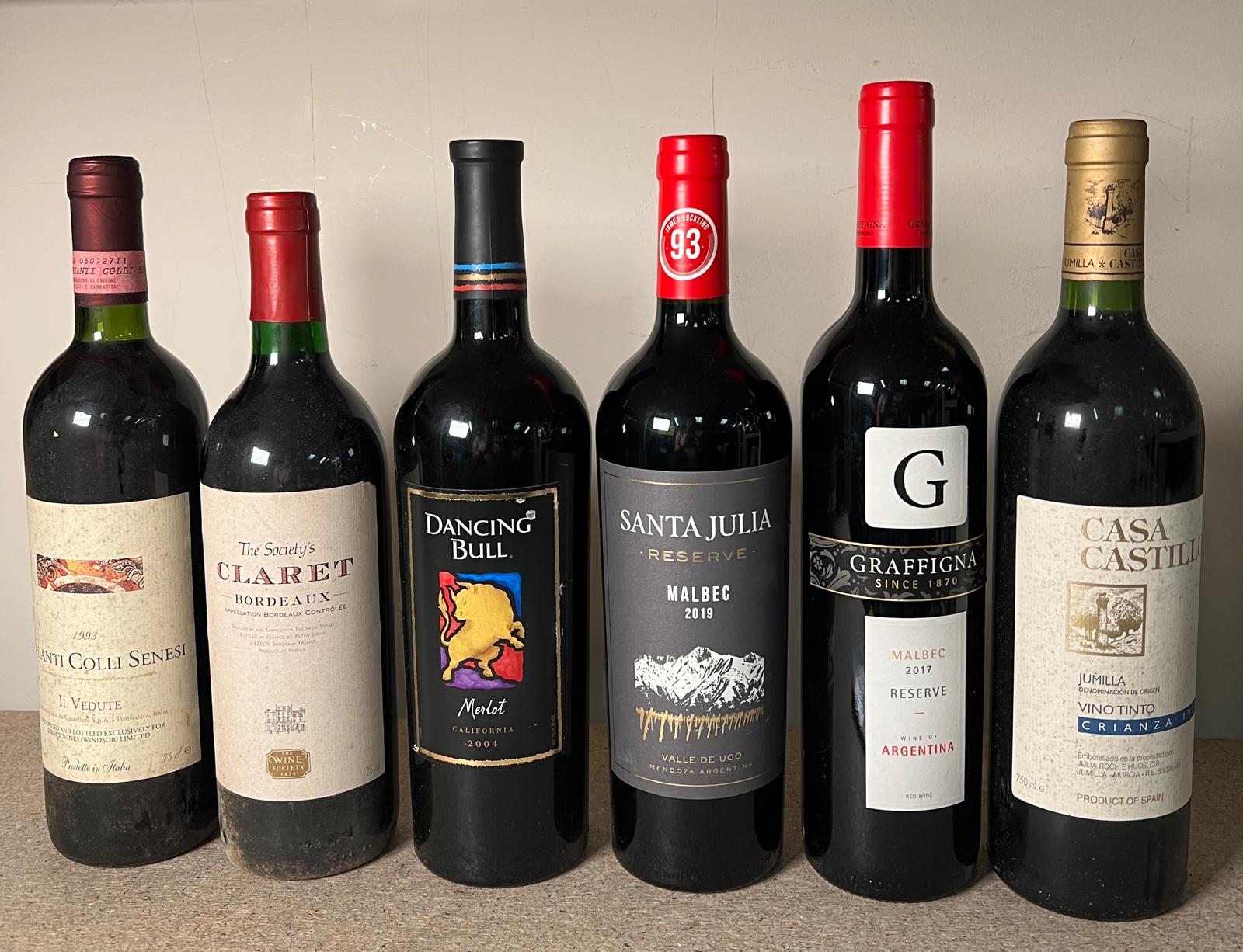 Six bottles of red wine to include a Santa Julia Malbec 2019 and a The Wine Society Bordeaux