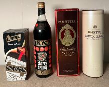 Four bottles of spirits to include a Martel V.S.O.P and a Harvey Bristol cream