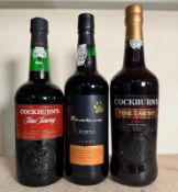 Three bottles of port, two Cockburns fine Town Yard and a Montana Tawny