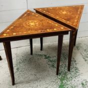 A pair of Italian style triangular Sorrento tables with intricate marquetry decoration.