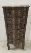 A bombe fronted six drawer tall boy in a snakeskin affect and with ormolu mountings (H110cm W47cm