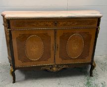 A French style marble topped cabinet with floral marquetry doors, gilt bronze mounts, escutcheons,