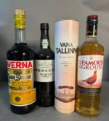 Four bottles of spirits to include a Foriseca white port, a Famouse Grouse and a Vana Tallin liquer