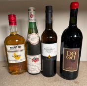 A selection of wine and spirits to include a Mount Gay rum and a Dodo Sangiovese
