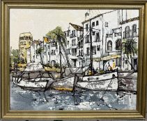 South of France Harbour Scene, Acrylic Signed. Bernard Dufour (1922-2016) French. A notable French