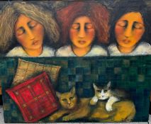 Figures + Cats Oil Signed. Dalene Meiring (b1965) SA. Meiring is now based in Auckland, NZ. Her work