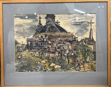 Partly demolished Cathedral, Madrid, Mixed Media Signed verso. Ray Ambrose (1926-1989) British.