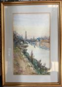 River Scene, Watercolour Signed. Frank Sully (1898-1992) British. Later influenced by Naum Gabo,