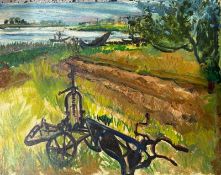 Plough & Lagoons, Aveiro,Oil on Board Signed and dated verso 1987. Ray Ambrose (1926-1989)