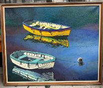 Rowing Boats, Oil Signed and dated '85. Antony Matthews RCA (British 1925-2008) British. 93x44