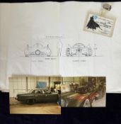 A set of blueprint drawings of the Batmobile from Tim Burtons, Batman together with before and after