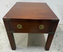 A mahogany single drawer side table with campaign style sunken handles and brass fixings (H41cm