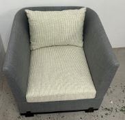 OKA style contemporary side chair, squared arms angled cushions for clean lines (H75cm W82cm D83cm