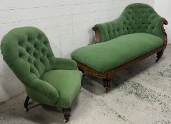 A Victorian mahogany chaise longue in a green upholstered rattan back fabric and a matching