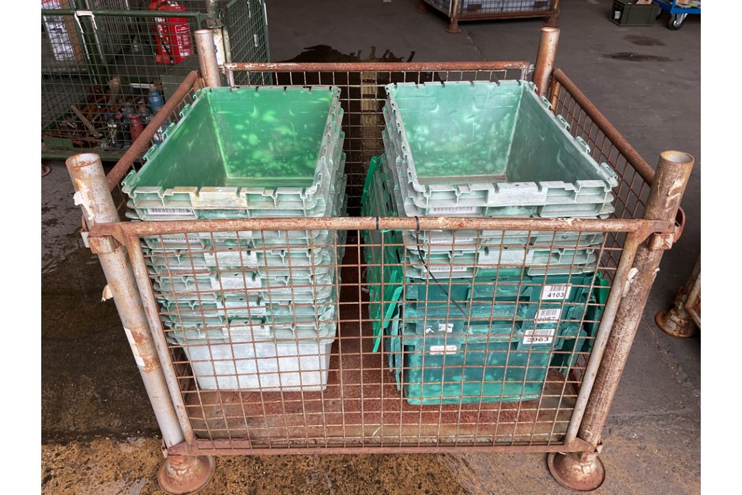 1x Stillage of 12x Heavy Duty Plastic Parts Bins Ex John Deer Tractors