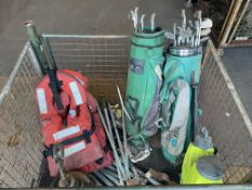 1x Stillage of Tools, Golf Clubs, Bags, Lift Jackets, Earth Spikes, Sprayer etc