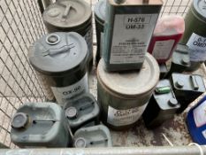 1x Stillage of 17x Unissued Drums/Cans of Oils and Antifreeze, from MOD Reserve Stock