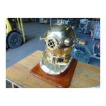 Full Size US Navy MKV Brass Divers Helmet On Wooden Plinth As Shown