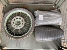 1x Stillage of Motorcycle Spares inc New Seats, Front Wheel/Tyre, from MOD