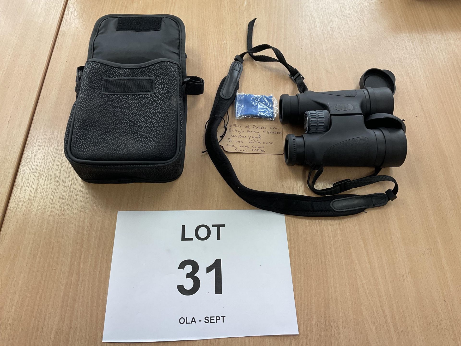 Pair of British Military PYSER-SGI E8X 42 RM WATER PROOF BINOS with case and lens covers from MOD