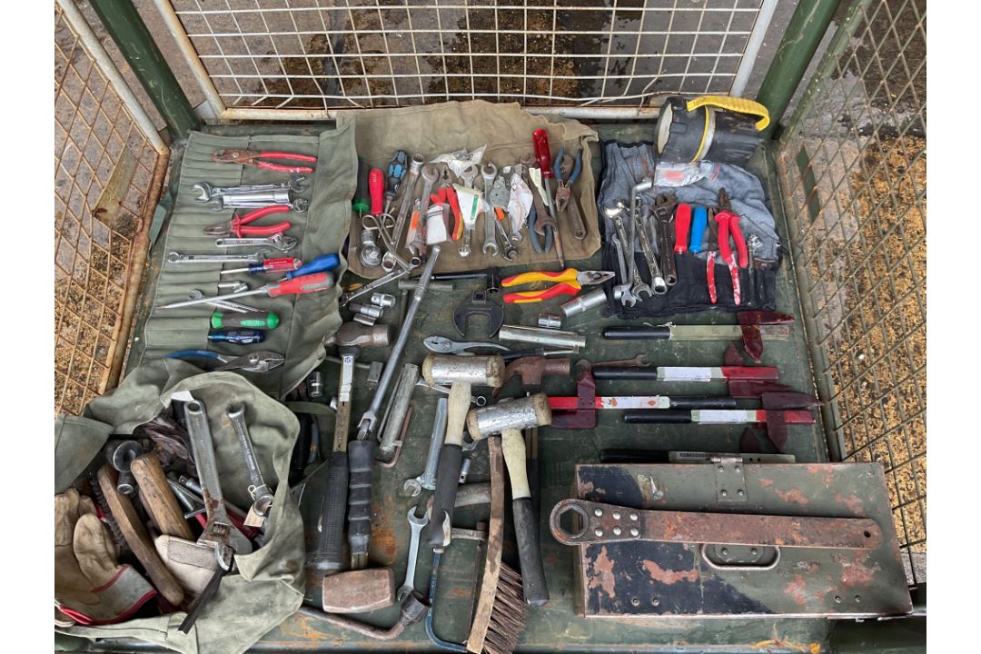 Stillage of Tools, Tool rolls, Tool Box. From MOD - Image 1 of 5
