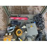 1X STILLAGE OF 110 VOLT TRANSFORMER, EXTENSION LEADS, ELECTRICAL TESTER, JIG SAW, ETC