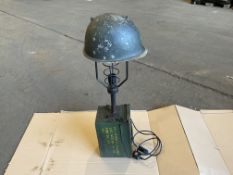 Very Unusual Unique Table Lamp 240 Volt Made From Helmet And Ammo Can