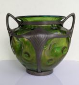 An Art Nouveau Loetz green iridescent dimpled glass vase with Van Houten pewter frame