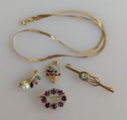 Three gem-set brooches and a similar pendant together with a snake-link necklace, 39 cm, all on 9ct 