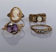 Two gem-set rings, one cameo ring and another pearl set, all 9ct gold, sizes M , O, K, L, 8.8g (4) 