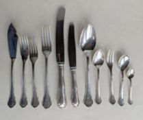 A six-place suite of mid 20th century German 800 silver cutlery to include six large forks/knives