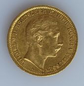 A Wilhelm II 20 mark gold coin, 1906, with obverse legend 'Wilhelm II Deutscher Kaiser Konig V. 