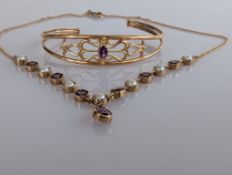 A vintage necklace with amethyst and cultured pearl decoration, 40 cm and a pierced bangle, 60mm