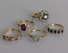 Four gem-set gold rings, all hallmarked 9ct, various sizes, 6.7g and another gold plated (5)