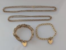A yellow gold gate-link bracelet with heart locket clasp, 16 cm; a curb-link yellow gold bracelet 