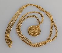 A yellow gold flat curb-link necklace with a lobster clasp, 54 cm, with a gold St. Christopher penda