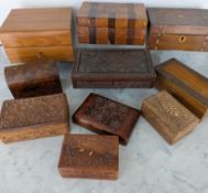An assortment of ten wood boxes, some carved, some with inlay, various woos/periods, some with lined