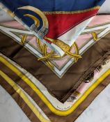 An HERMÉS 'Armes de Chasse' Phillipe Ledoux vintage 1970s gold, blue and red silk scarf, 90 x 90cm