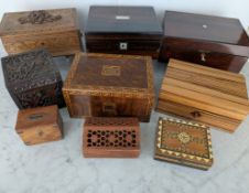 A selection of nine ornate wooden boxes, carved and inlaid, some work boxes, various woods, some wit