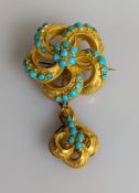 A Victorian gold and turquoise brooch and pendant with locket compartment verso, 8 x 4.5 cm