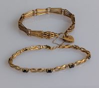 A yellow gold fancy-link bracelet with sapphire and diamond decoration and a gate-link bracelet 