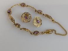 An amethyst bracelet with matching earrings on a pierced 9ct yellow gold setting, hallmarked, 17 cm