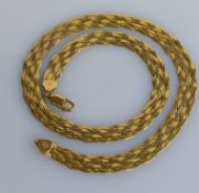 An Italian design yellow gold weave pattern necklace with lobster clasp, hallmarked, 14.5g